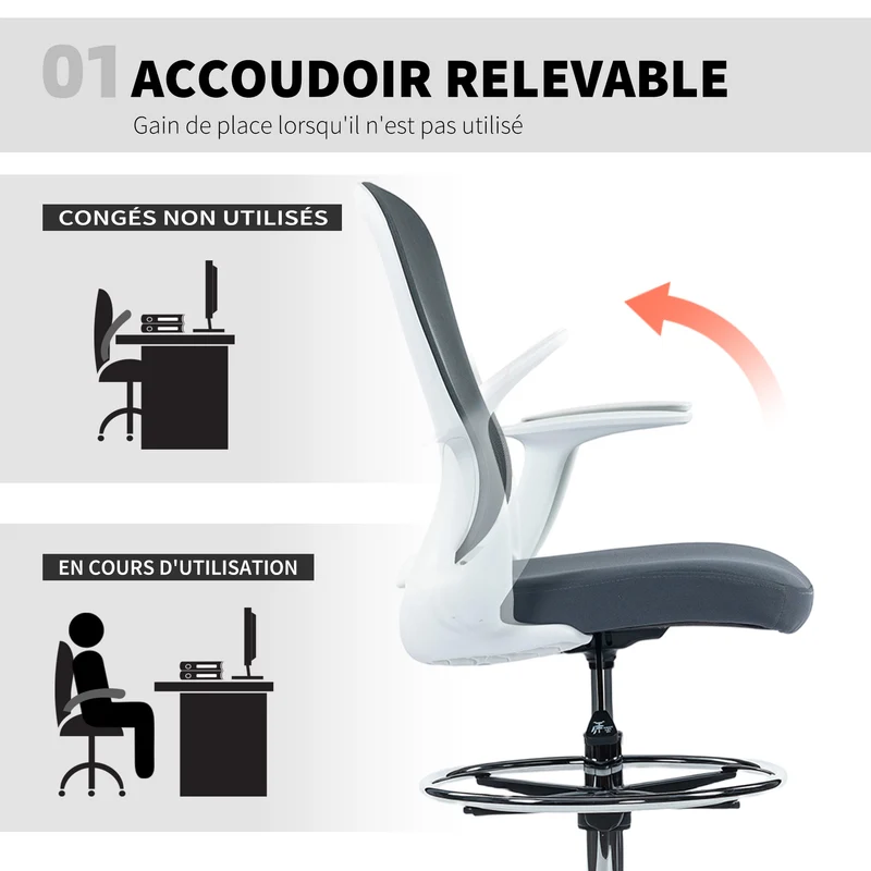Chaise de bureau ergonomique 59 x 62 x 99-119 cm repose-pieds réglable soutien lombaire contemporain en maille gris 21_0006295
