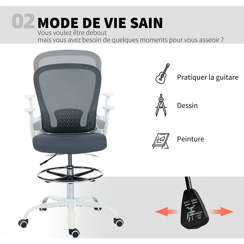 Chaise de bureau ergonomique 59 x 62 x 99-119 cm repose-pieds réglable soutien lombaire contemporain en maille gris 21_0006295