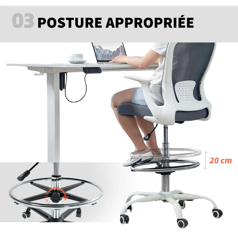 Chaise de bureau ergonomique 59 x 62 x 99-119 cm repose-pieds réglable soutien lombaire contemporain en maille gris 21_0006295