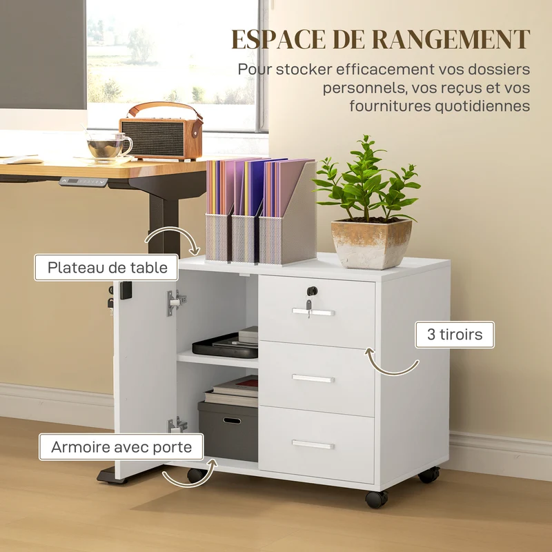 Caisson de rangement bureau 40 x 60 x 56 cm verrouillable 3 tiroirs moderne minimaliste en panneau de particules blanc 21_0002957