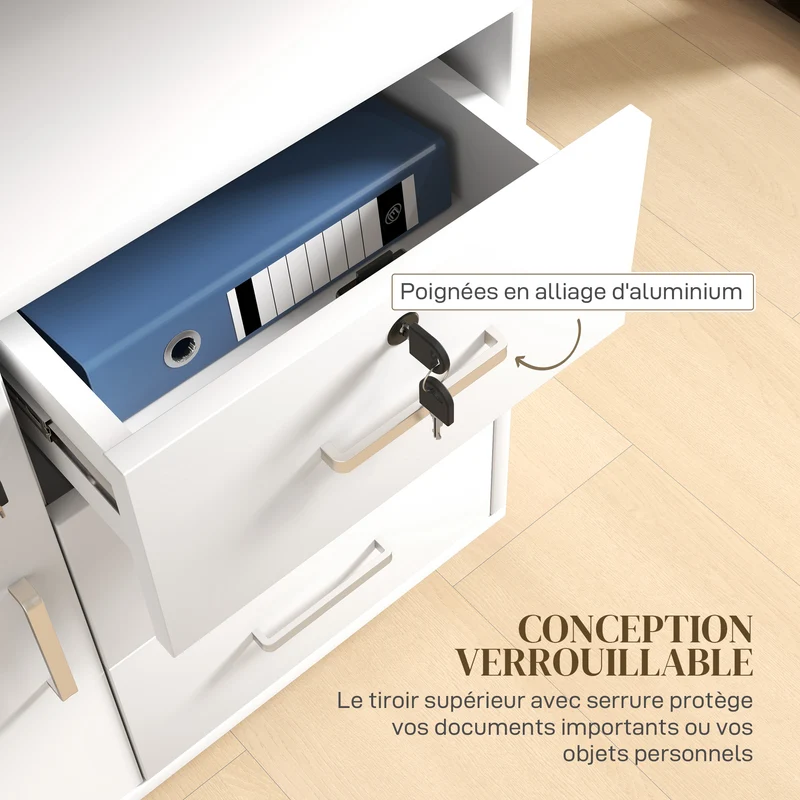 Caisson de rangement bureau 40 x 60 x 56 cm verrouillable 3 tiroirs moderne minimaliste en panneau de particules blanc 21_0002957