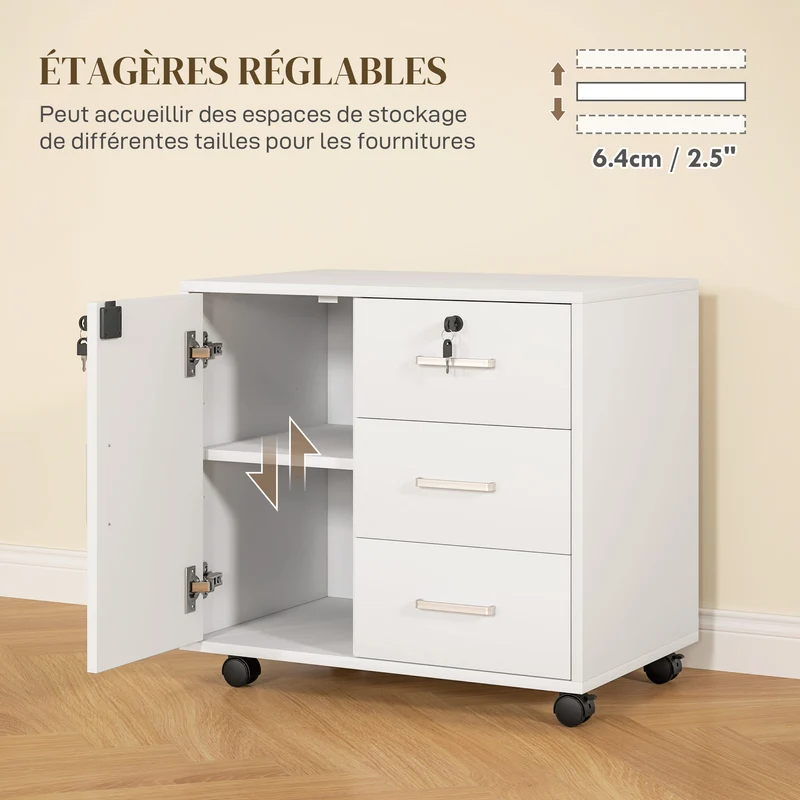 Caisson de rangement bureau 40 x 60 x 56 cm verrouillable 3 tiroirs moderne minimaliste en panneau de particules blanc 21_0002957
