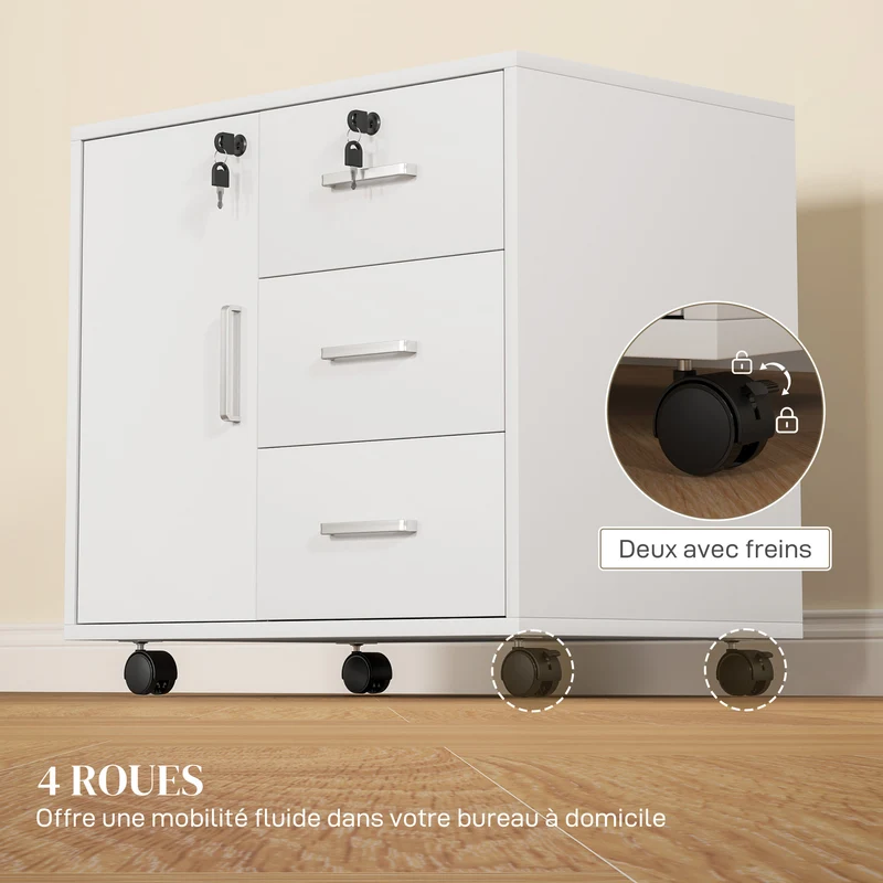 Caisson de rangement bureau 40 x 60 x 56 cm verrouillable 3 tiroirs moderne minimaliste en panneau de particules blanc 21_0002957