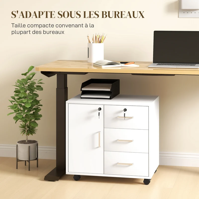 Caisson de rangement bureau 40 x 60 x 56 cm verrouillable 3 tiroirs moderne minimaliste en panneau de particules blanc 21_0002957