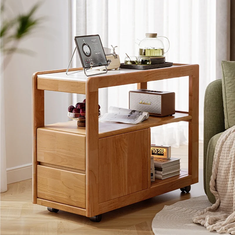 Modern Minimalist Rectangular Stone Slab Rubberwood Movable End Table 3-Tier For Living Room