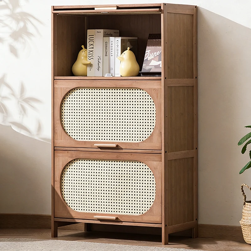 Contemporary Retro Rectangular Nan Bamboo Plastic Rattan Weaving Storage Cabinet 3/4/5-Tier For Living Room