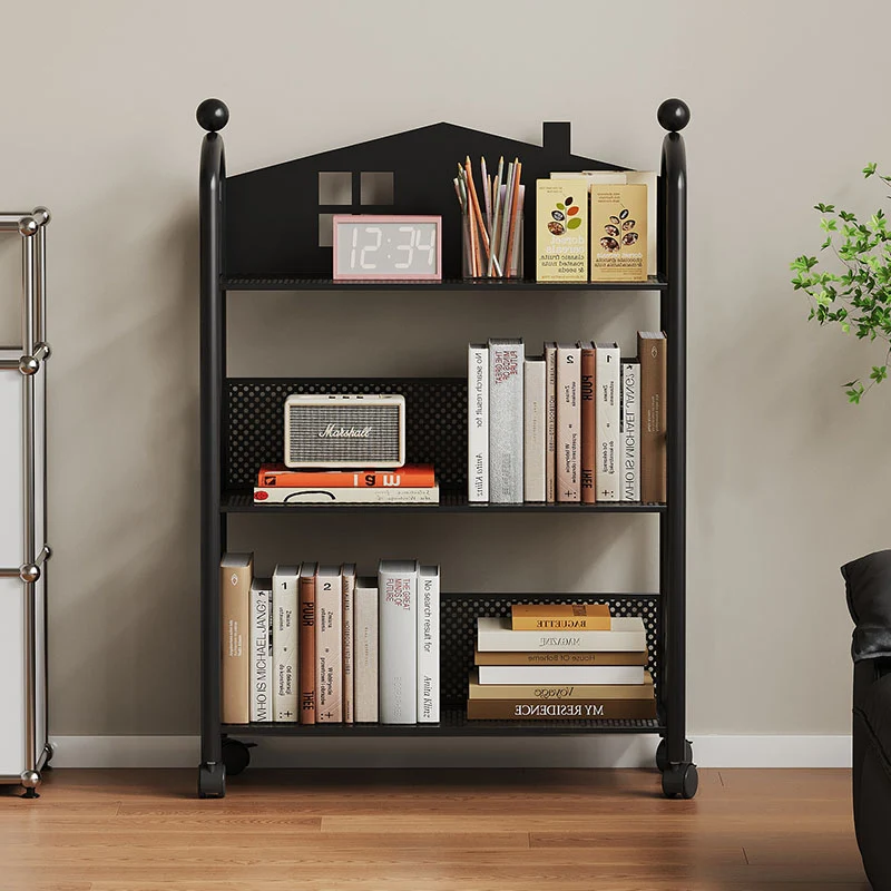 Contemporary Nordic Narrow Castle-Shaped Iron Movable Kids Storage Shelf 3/4-Tier For Living Room