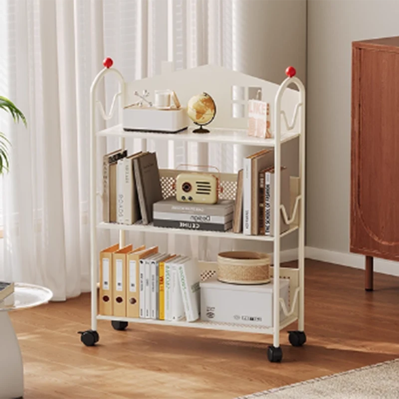 Contemporary Nordic Narrow Castle-Shaped Iron Movable Kids Storage Shelf 3/4-Tier For Living Room