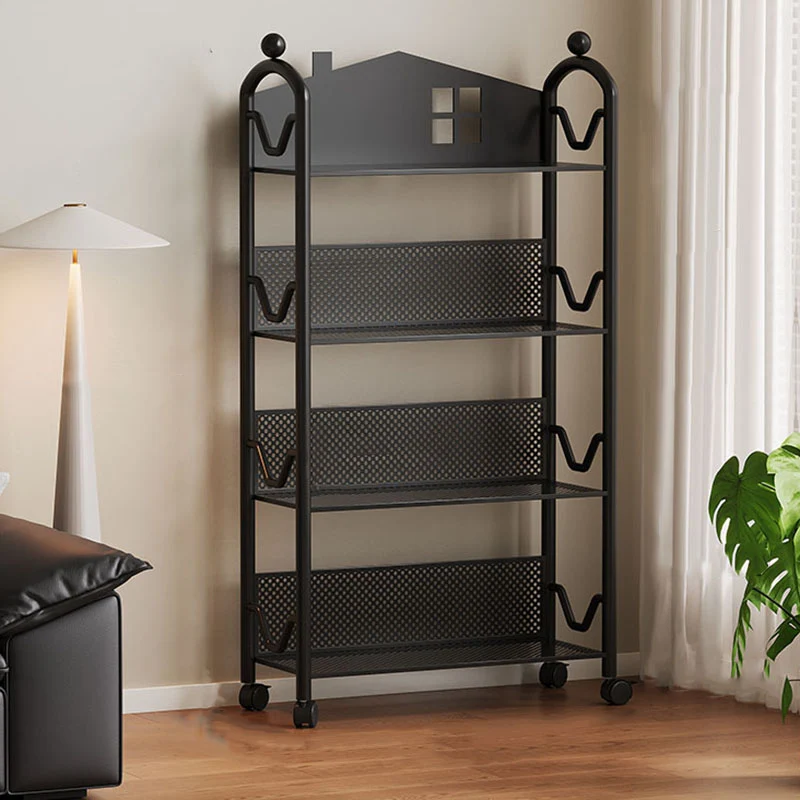 Contemporary Nordic Narrow Castle-Shaped Iron Movable Kids Storage Shelf 3/4-Tier For Living Room