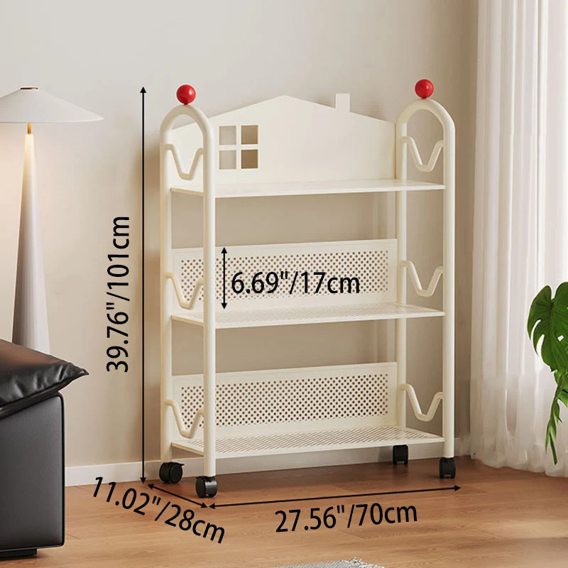 Contemporary Nordic Narrow Castle-Shaped Iron Movable Kids Storage Shelf 3/4-Tier For Living Room