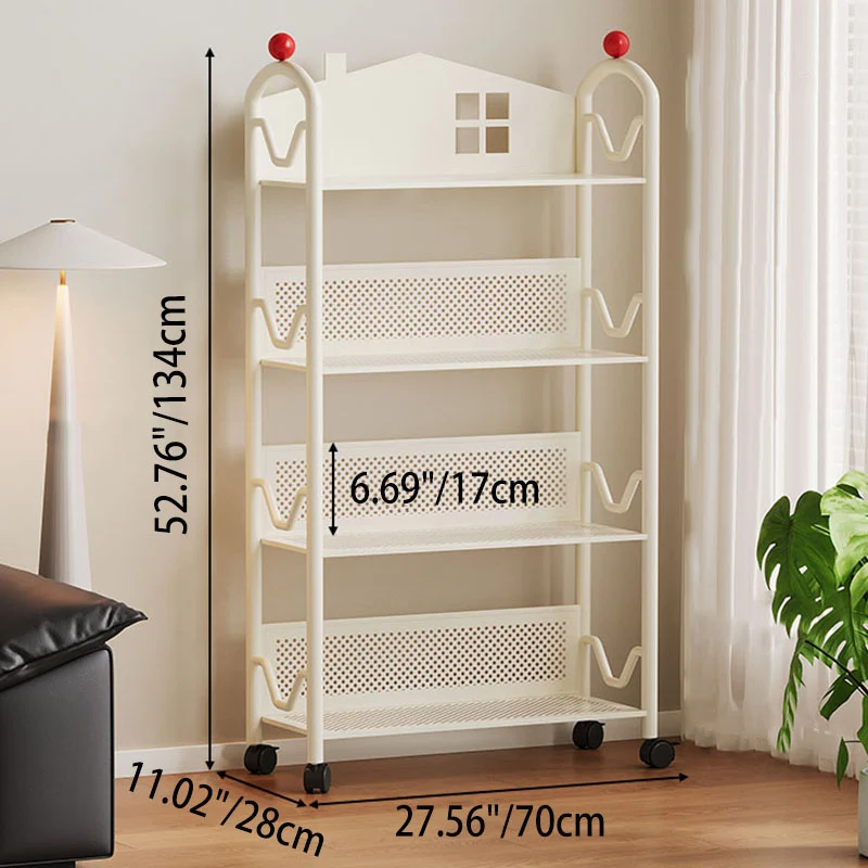Contemporary Nordic Narrow Castle-Shaped Iron Movable Kids Storage Shelf 3/4-Tier For Living Room