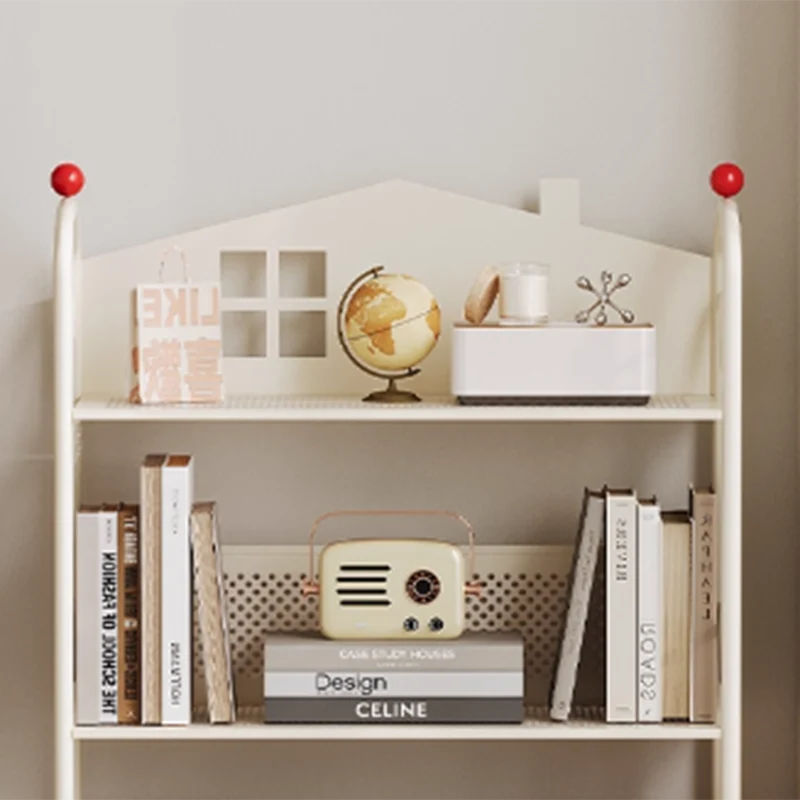 Contemporary Nordic Narrow Castle-Shaped Iron Movable Kids Storage Shelf 3/4-Tier For Living Room