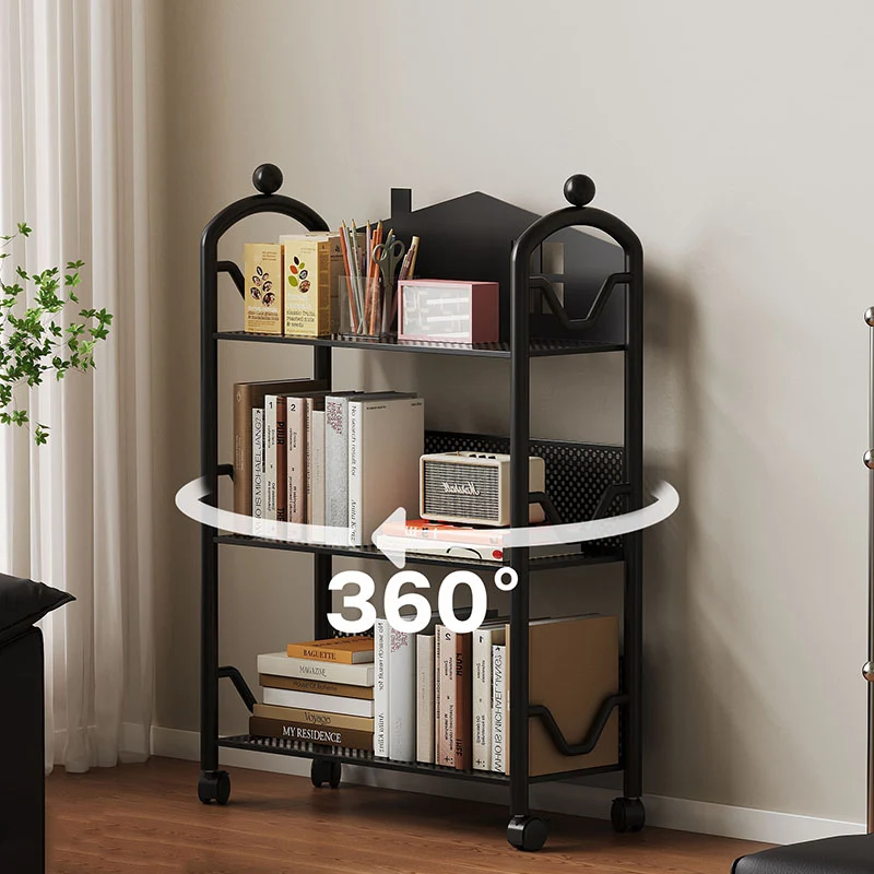 Contemporary Nordic Narrow Castle-Shaped Iron Movable Kids Storage Shelf 3/4-Tier For Living Room