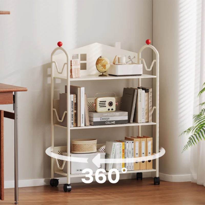 Contemporary Nordic Narrow Castle-Shaped Iron Movable Kids Storage Shelf 3/4-Tier For Living Room