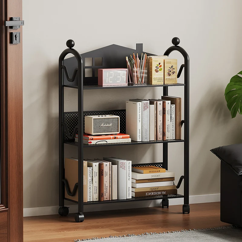 Contemporary Nordic Narrow Castle-Shaped Iron Movable Kids Storage Shelf 3/4-Tier For Living Room