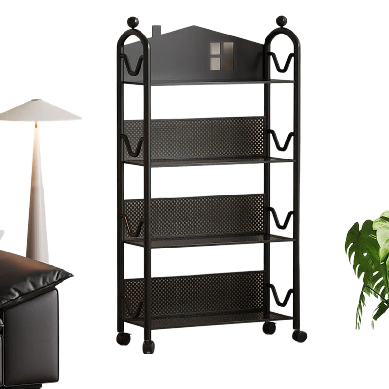 Contemporary Nordic Narrow Castle-Shaped Iron Movable Kids Storage Shelf 3/4-Tier For Living Room