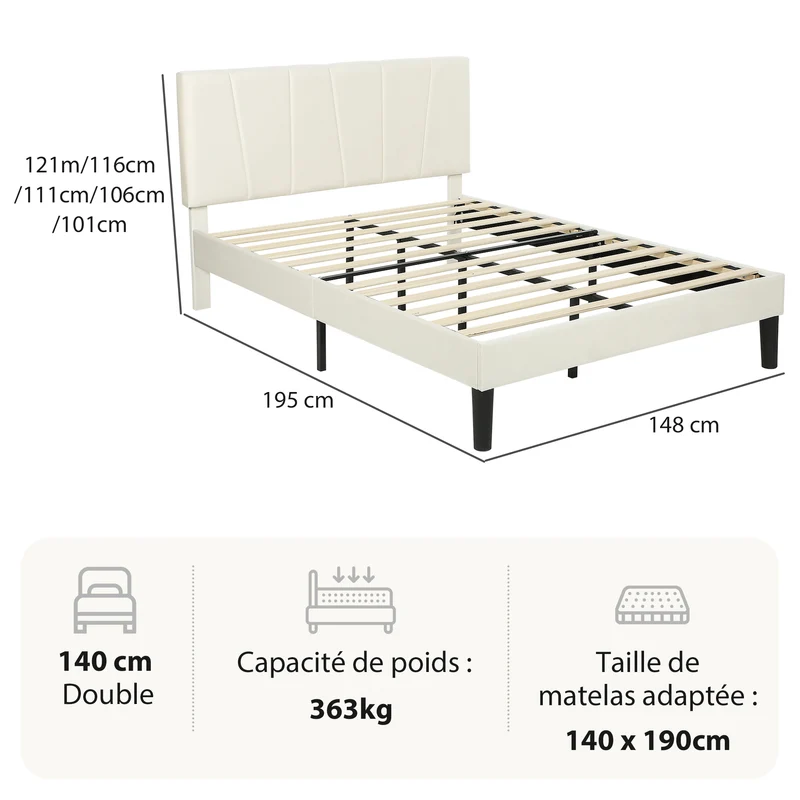 Cadre de lit double tête réglable 148 x 195 x 101 cm grand rangement sous lit 5 positions contemporain en velours crème 21_0001646