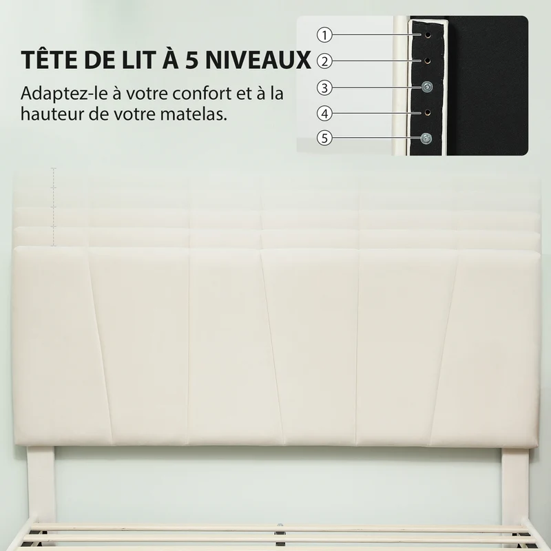 Cadre de lit double tête réglable 148 x 195 x 101 cm grand rangement sous lit 5 positions contemporain en velours crème 21_0001646