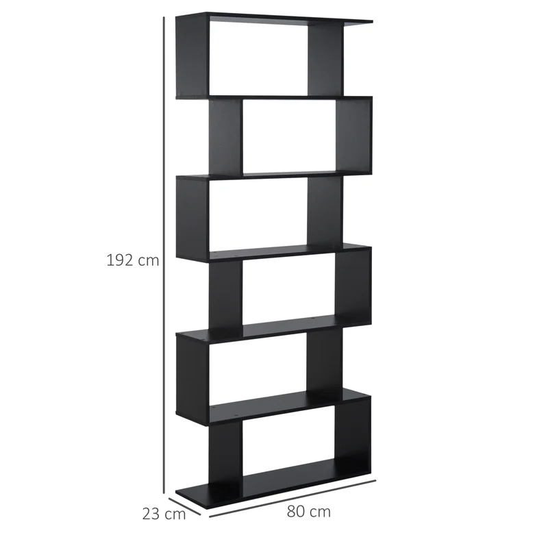 Bibliothèque zigzag salon bureau 80 x 23 x 192 cm 6 niveaux grande capacité contemporain en panneaux de particules noir 21_0001716