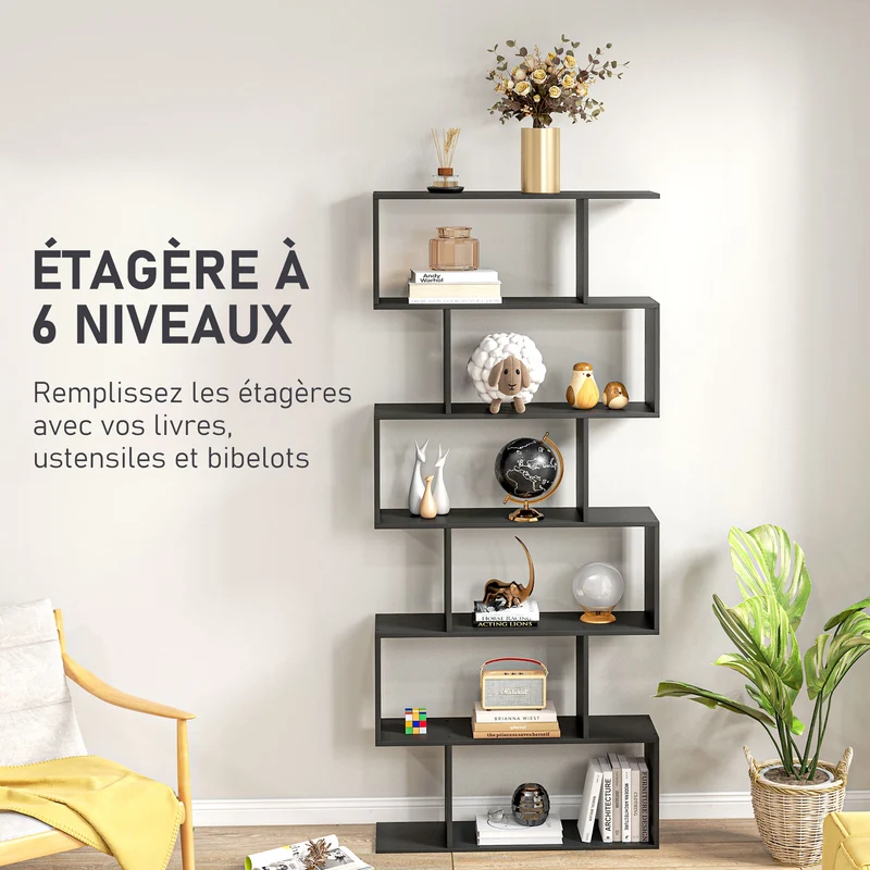 Bibliothèque zigzag salon bureau 80 x 23 x 192 cm 6 niveaux grande capacité contemporain en panneaux de particules noir 21_0001716