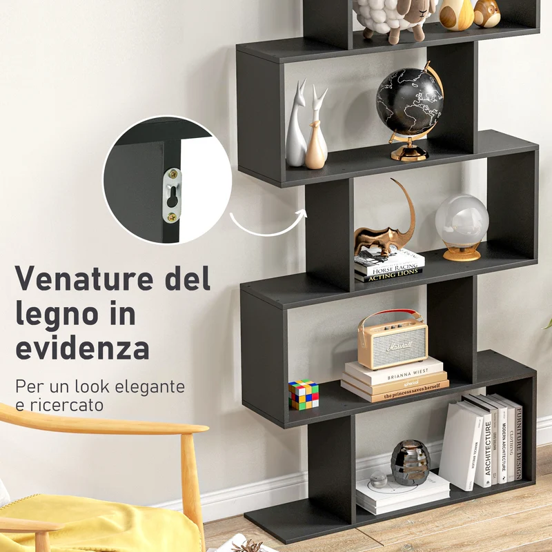 Bibliothèque zigzag salon bureau 80 x 23 x 192 cm 6 niveaux grande capacité contemporain en panneaux de particules noir 21_0001716