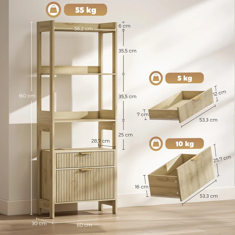 Bibliothèque haute rangement 60 x 30 x 160 cm 4 étagères 2 tiroirs gain de place style contemporain en MDF bois naturel 21_0002560