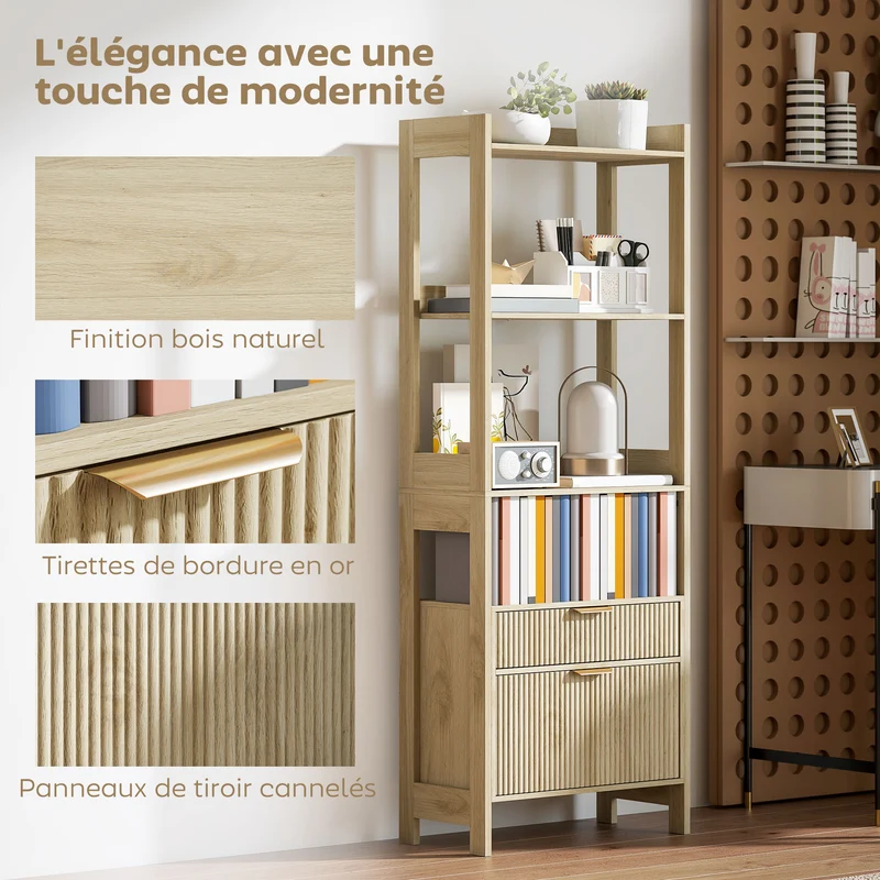Bibliothèque haute rangement 60 x 30 x 160 cm 4 étagères 2 tiroirs gain de place style contemporain en MDF bois naturel 21_0002560