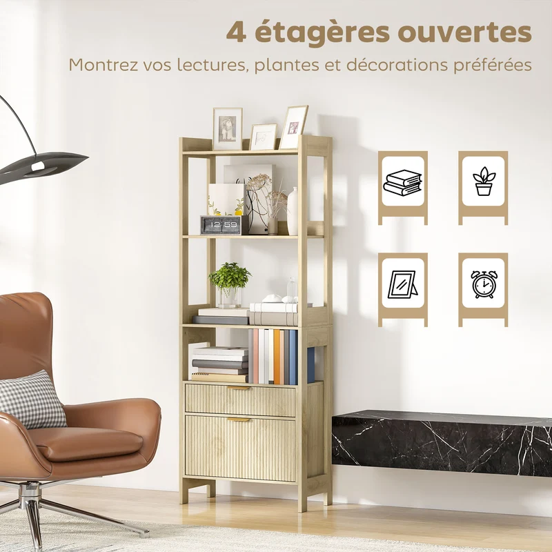 Bibliothèque haute rangement 60 x 30 x 160 cm 4 étagères 2 tiroirs gain de place style contemporain en MDF bois naturel 21_0002560
