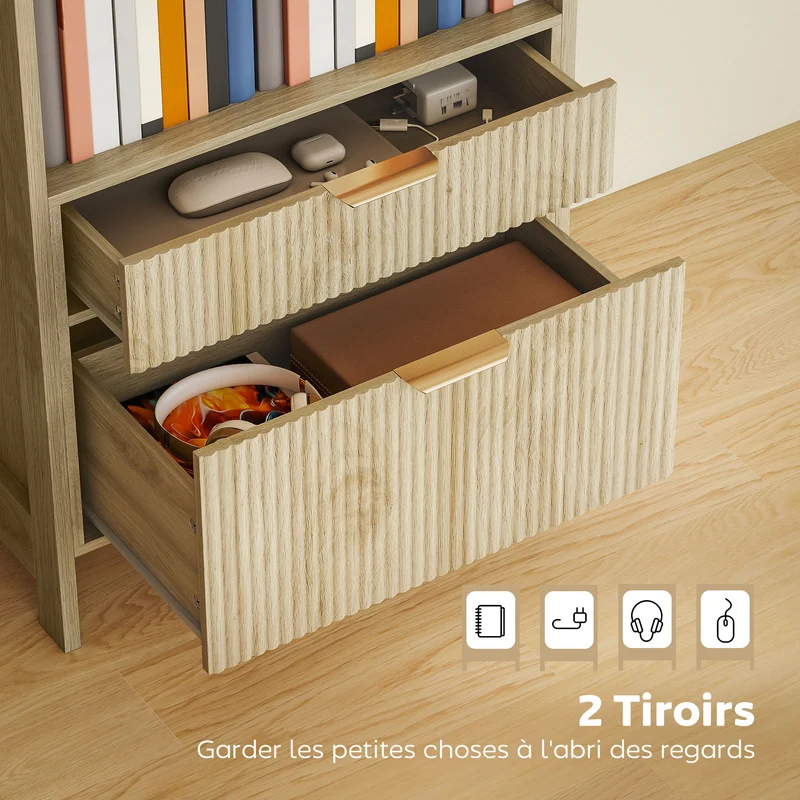 Bibliothèque haute rangement 60 x 30 x 160 cm 4 étagères 2 tiroirs gain de place style contemporain en MDF bois naturel 21_0002560