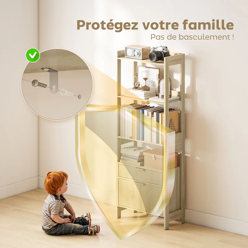 Bibliothèque haute rangement 60 x 30 x 160 cm 4 étagères 2 tiroirs gain de place style contemporain en MDF bois naturel 21_0002560