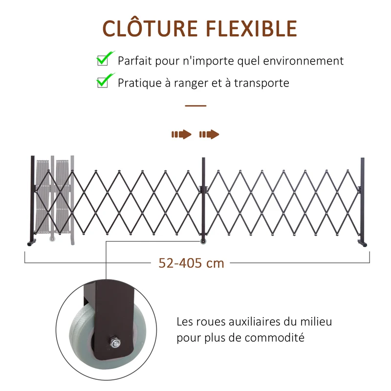 Barrière extensible rétractable sécurité 405 x 31 x 104 cm protection roulette pliable moderne en aluminium chocolat 21_0003926