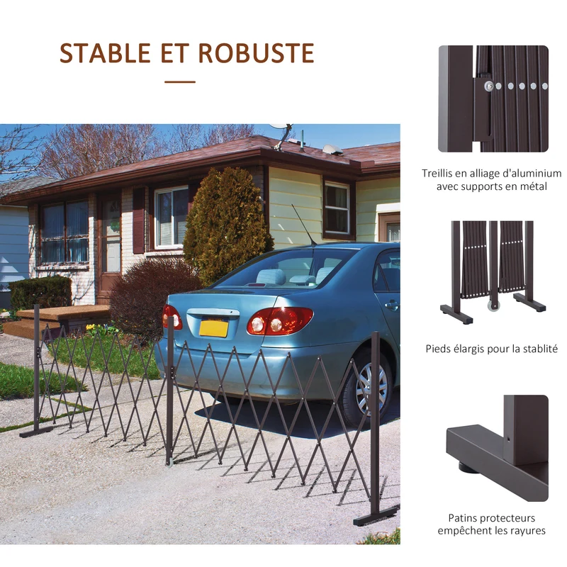 Barrière extensible rétractable sécurité 405 x 31 x 104 cm protection roulette pliable moderne en aluminium chocolat 21_0003926