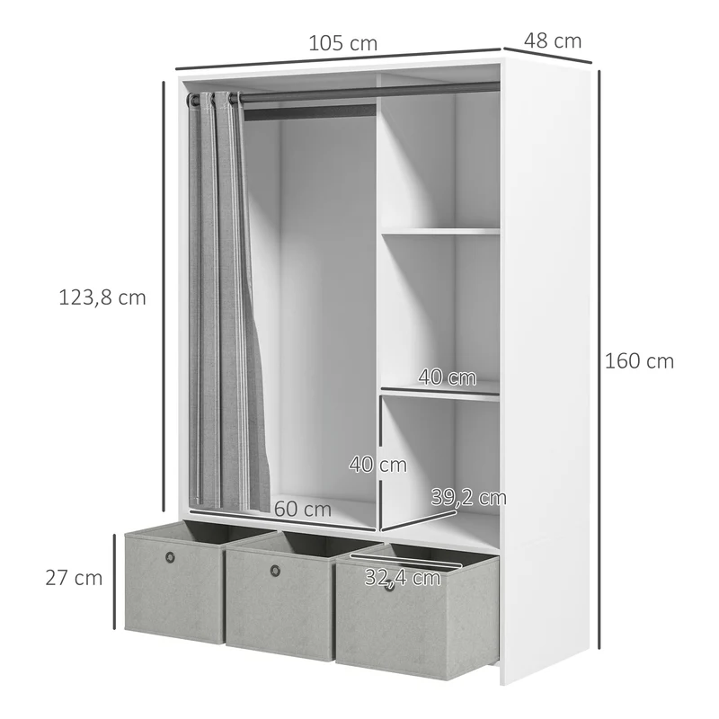 Armoire penderie chambre 105 x 48 x 160 cm tringle 3 tiroirs tissu rideau épuré moderne en panneau de particules blanc 21_0001522