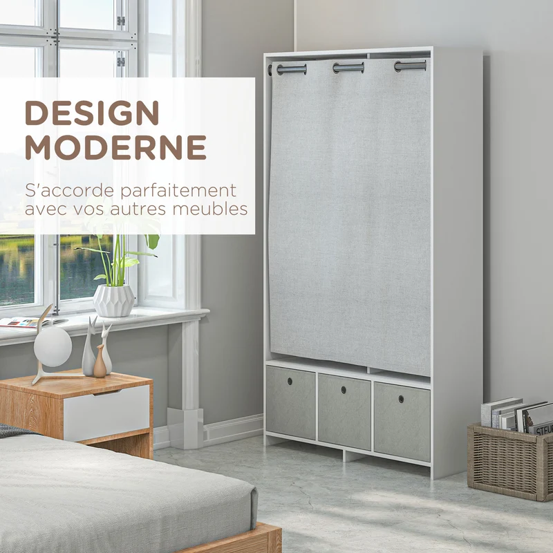 Armoire penderie chambre 105 x 48 x 160 cm tringle 3 tiroirs tissu rideau épuré moderne en panneau de particules blanc 21_0001522
