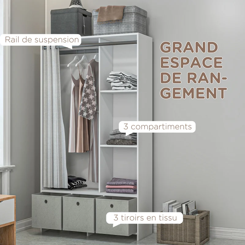 Armoire penderie chambre 105 x 48 x 160 cm tringle 3 tiroirs tissu rideau épuré moderne en panneau de particules blanc 21_0001522