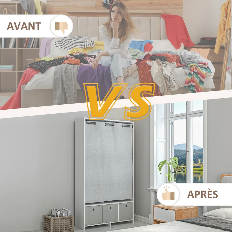 Armoire penderie chambre 105 x 48 x 160 cm tringle 3 tiroirs tissu rideau épuré moderne en panneau de particules blanc 21_0001522