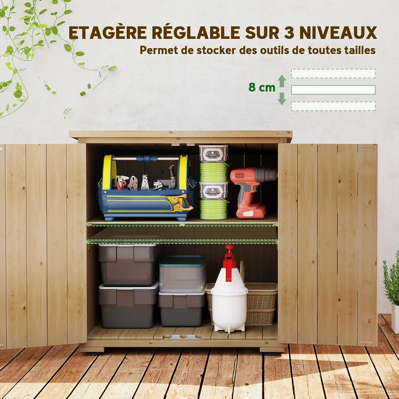 Armoire de rangement pour jardin 77.5 x 88 x 90 cm étagère réglable protection intempéries rustique en bois naturel 21_0005245