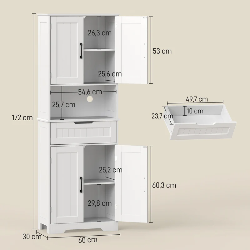 Armoire de cuisine 60 x 30 x 172 cm rangement optimisé avec tiroir et étagères réglables moderne épuré en MDF blanc 21_0002981