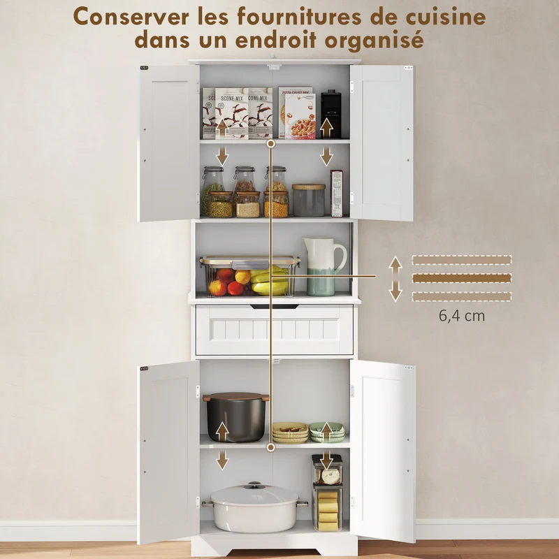 Armoire de cuisine 60 x 30 x 172 cm rangement optimisé avec tiroir et étagères réglables moderne épuré en MDF blanc 21_0002981