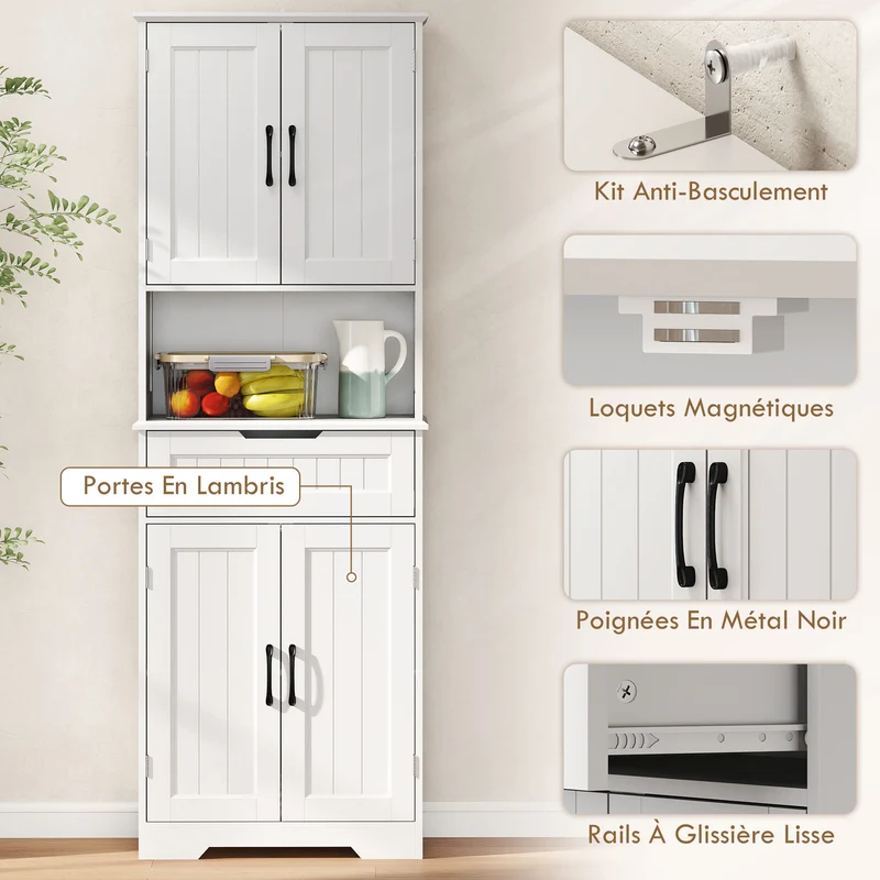 Armoire de cuisine 60 x 30 x 172 cm rangement optimisé avec tiroir et étagères réglables moderne épuré en MDF blanc 21_0002981