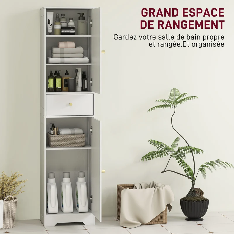 Armoire colonne salle de bain 40 x 29,5 x 170 cm gain de place compact contemporain épuré en panneau de particules blanc 21_0002084
