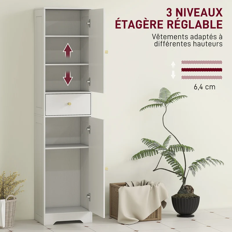 Armoire colonne salle de bain 40 x 29,5 x 170 cm gain de place compact contemporain épuré en panneau de particules blanc 21_0002084