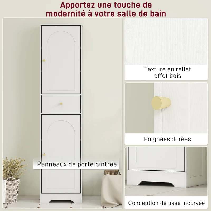 Armoire colonne salle de bain 40 x 29,5 x 170 cm gain de place compact contemporain épuré en panneau de particules blanc 21_0002084