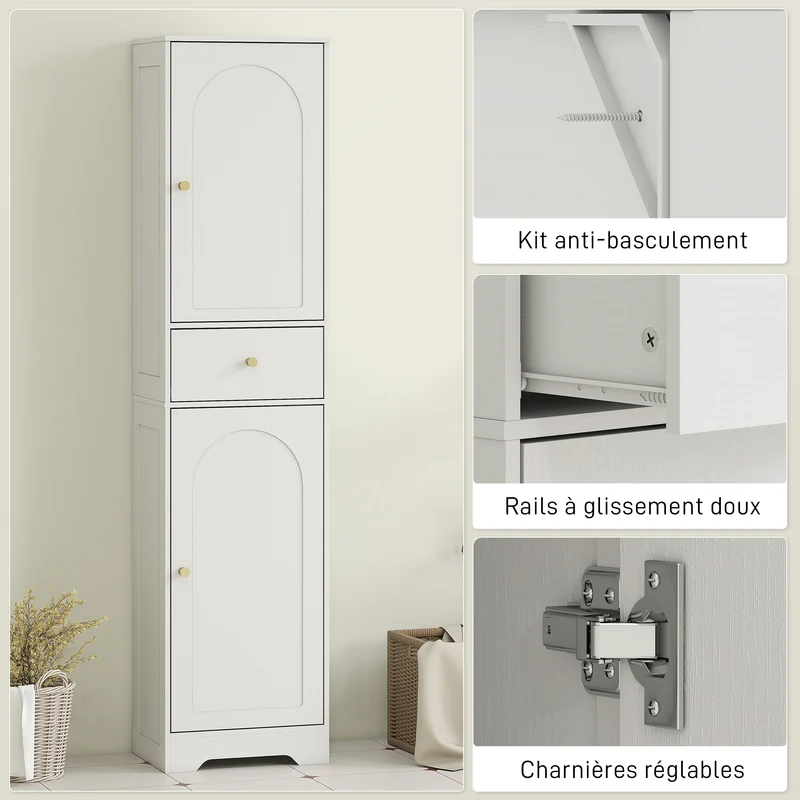 Armoire colonne salle de bain 40 x 29,5 x 170 cm gain de place compact contemporain épuré en panneau de particules blanc 21_0002084