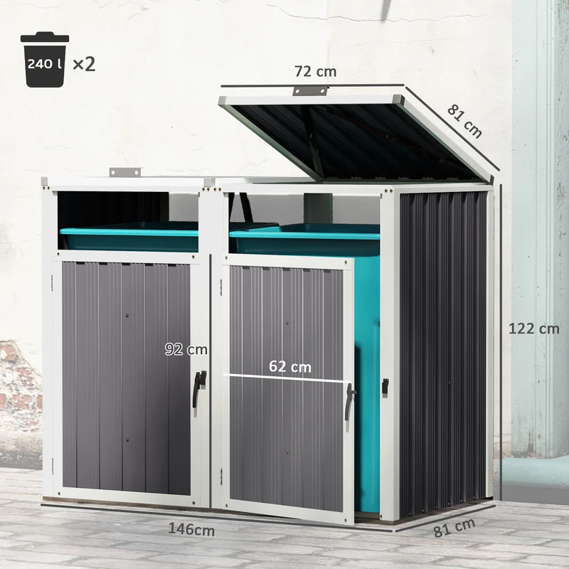 Abri pour poubelle extérieur 146 x 81 x 122 cm couvercle 180° verrou ventilé moderne en acier galvanisé gris foncé 21_0005538