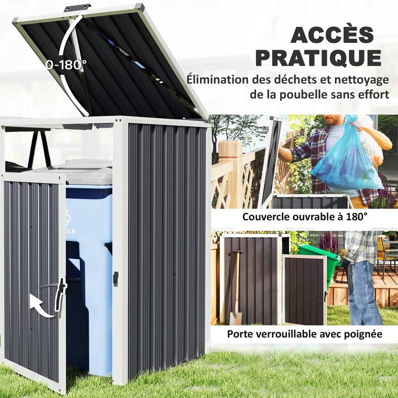 Abri pour poubelle extérieur 146 x 81 x 122 cm couvercle 180° verrou ventilé moderne en acier galvanisé gris foncé 21_0005538
