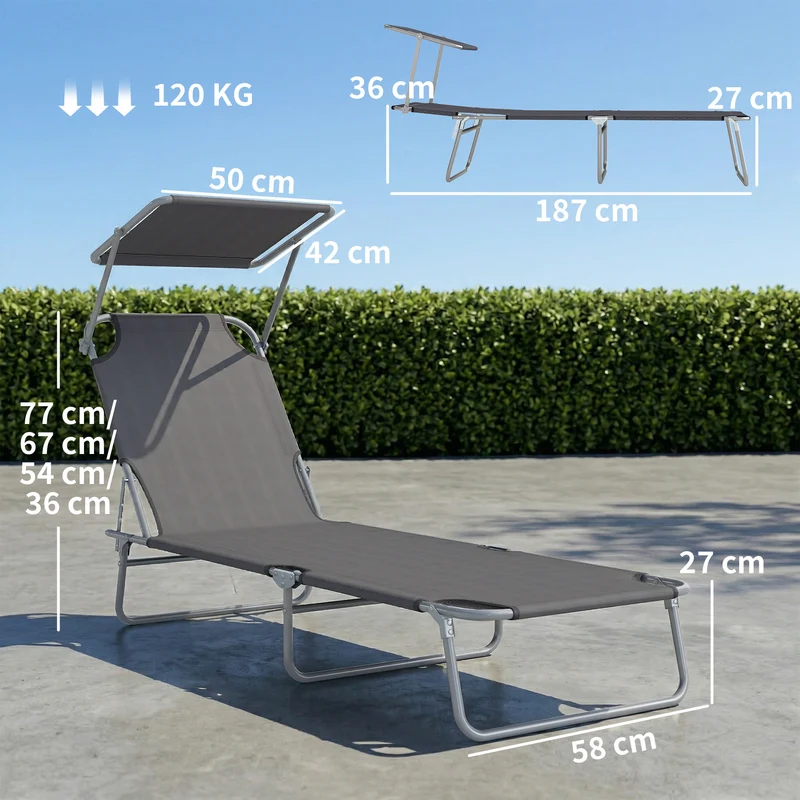 Transat bain de soleil 187 x 58 x 36 cm dossier 4 positions pare-soleil réglable moderne extérieur en polyester gris 21_0004546