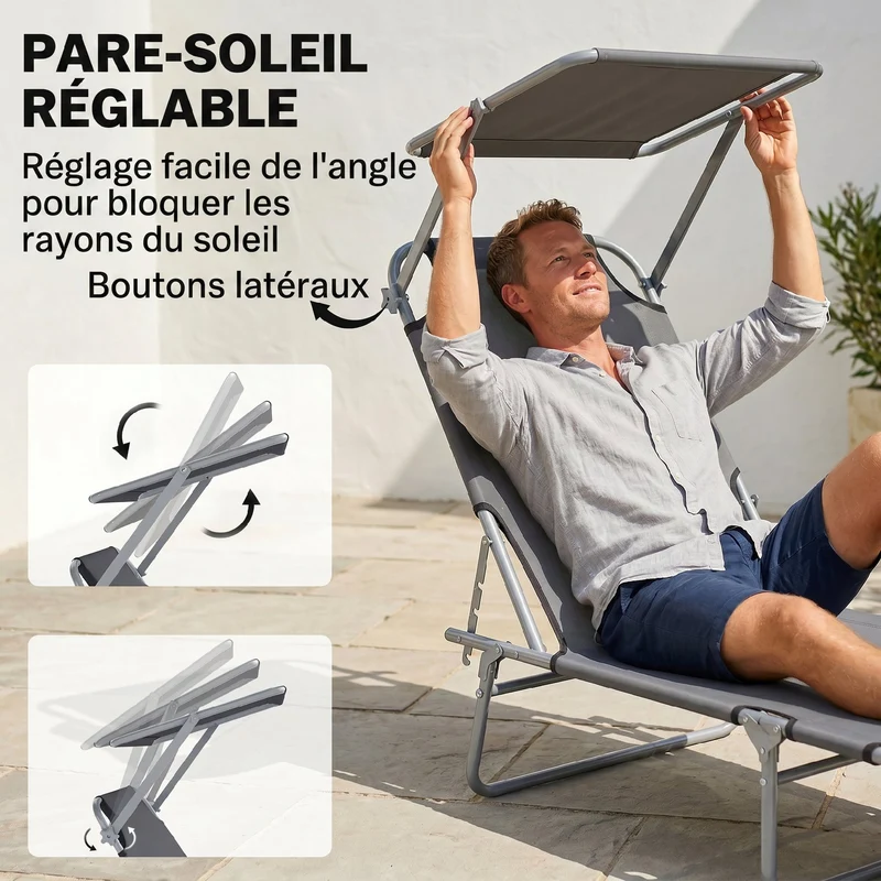 Transat bain de soleil 187 x 58 x 36 cm dossier 4 positions pare-soleil réglable moderne extérieur en polyester gris 21_0004546