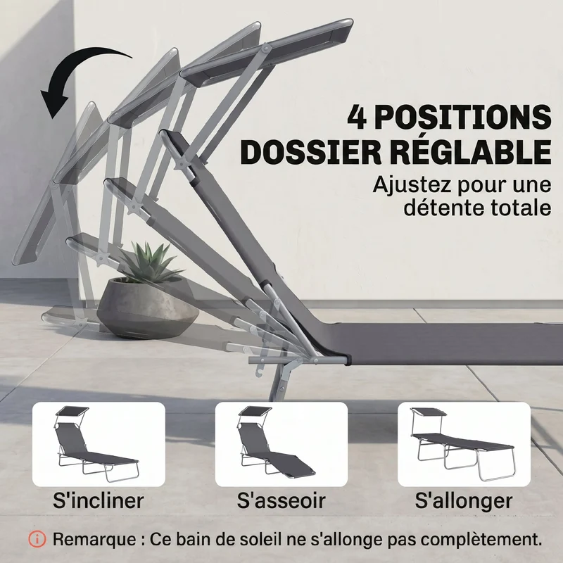 Transat bain de soleil 187 x 58 x 36 cm dossier 4 positions pare-soleil réglable moderne extérieur en polyester gris 21_0004546