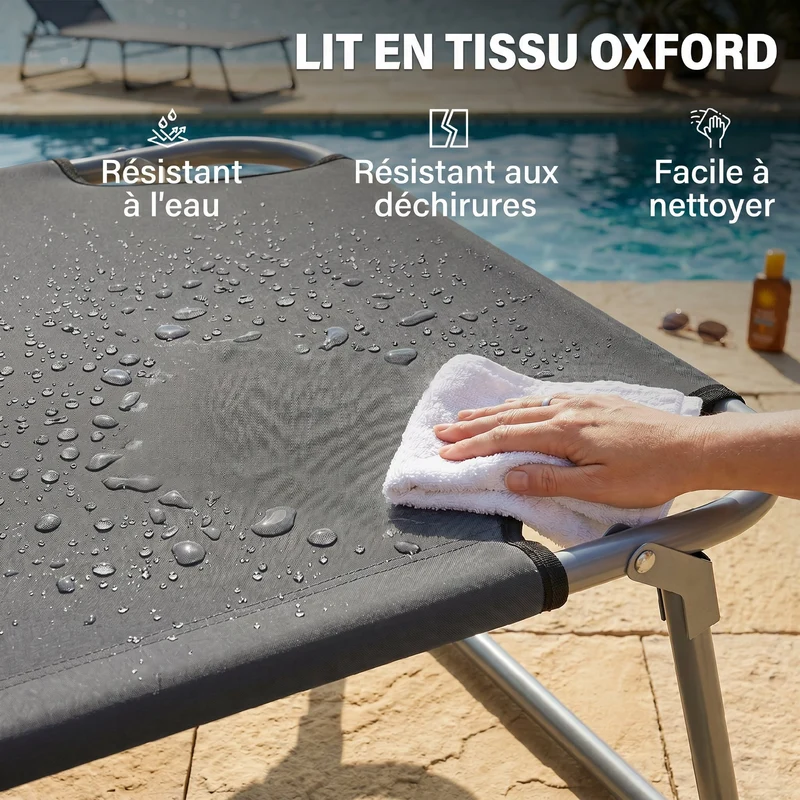 Transat bain de soleil 187 x 58 x 36 cm dossier 4 positions pare-soleil réglable moderne extérieur en polyester gris 21_0004546